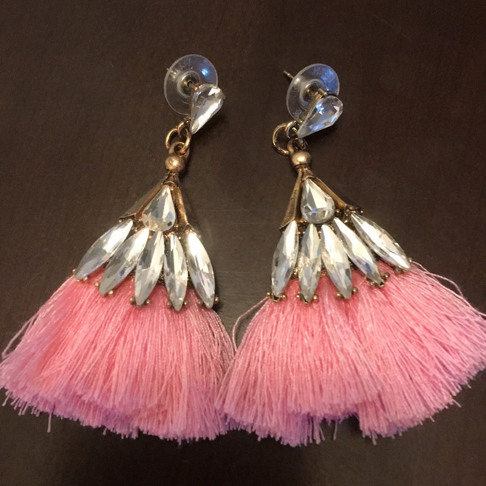 Earrings pink tassel marquis rhinestone post style